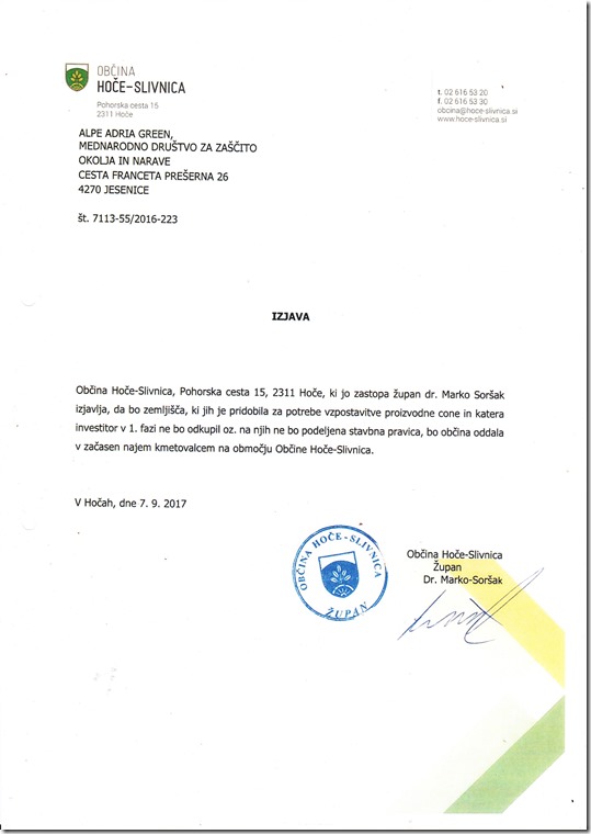 Izjava -občine Hoče - Slivnica