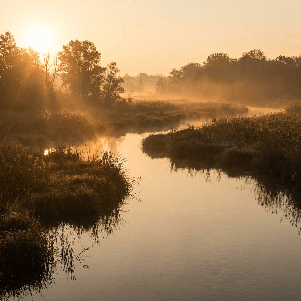 Golden sunrise over a misty river winding through tall marsh grasses and trees.