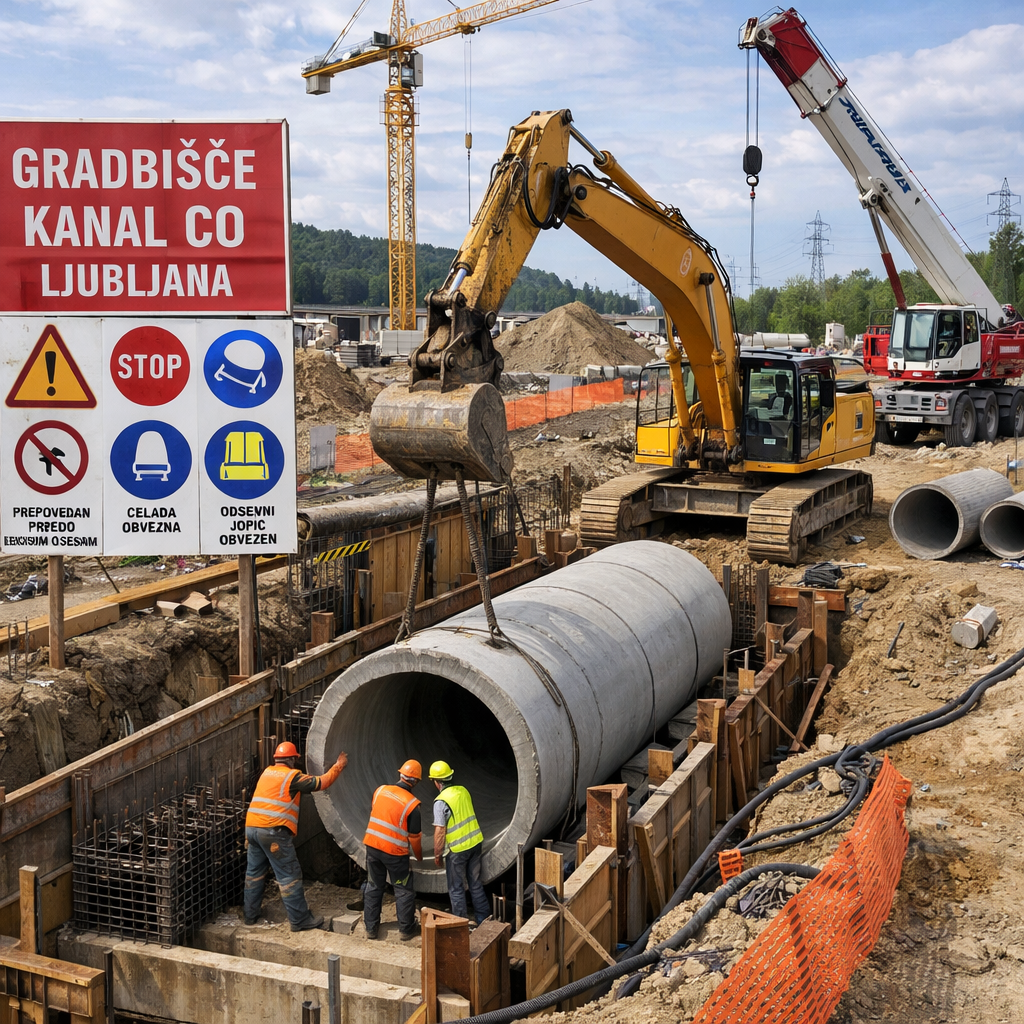 Three construction workers guiding a large concrete pipe at an excavation site in Ljubljana.