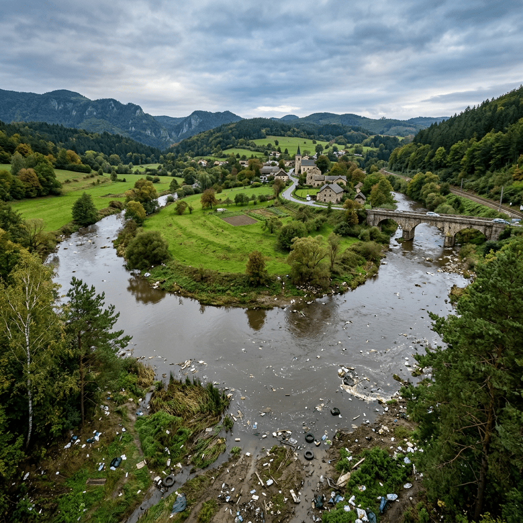 River with visible trash pollution flowing through a green valley village with mountains and a stone bridge