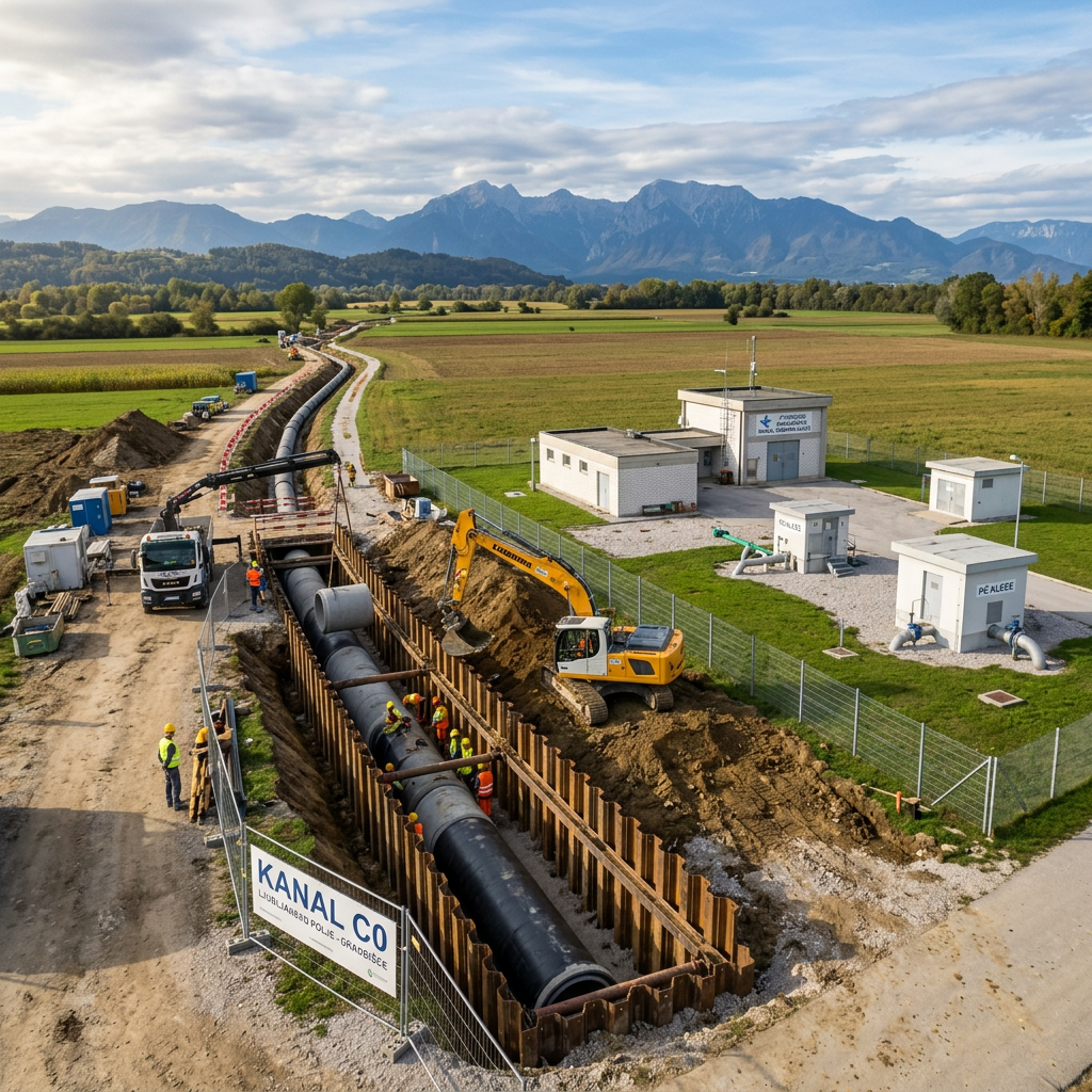 Construction workers installing a large pipeline near water treatment buildings in an open field