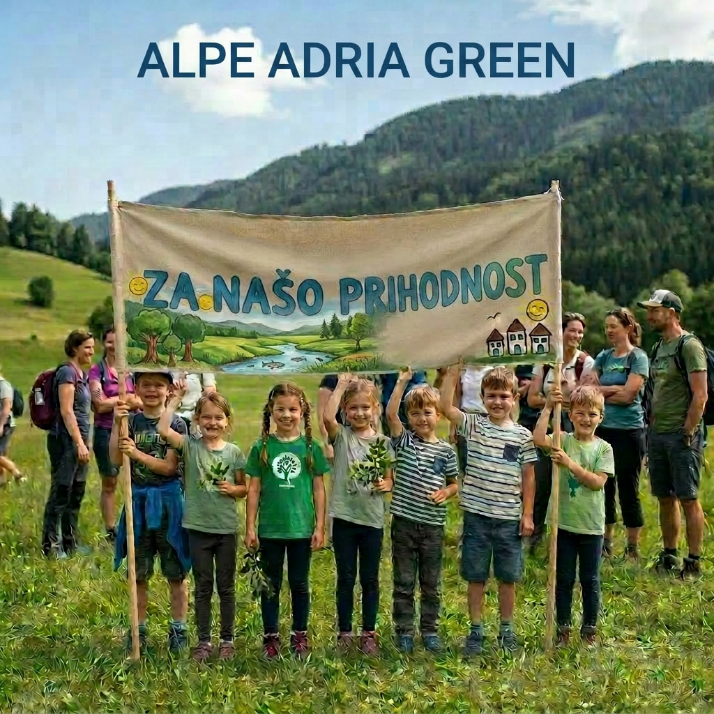 Children holding a banner that says 'ALPE ADRIA GREEN - FOR OUR CHILDREN'S FUTURE' in a grassy field