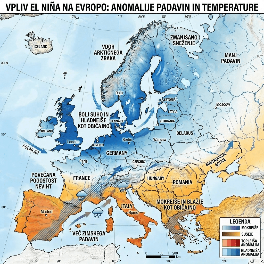 Map of Europe illustrating El Niño-induced anomalies in precipitation and temperature, with colder wetter northern regions and warmer drier southern regions.