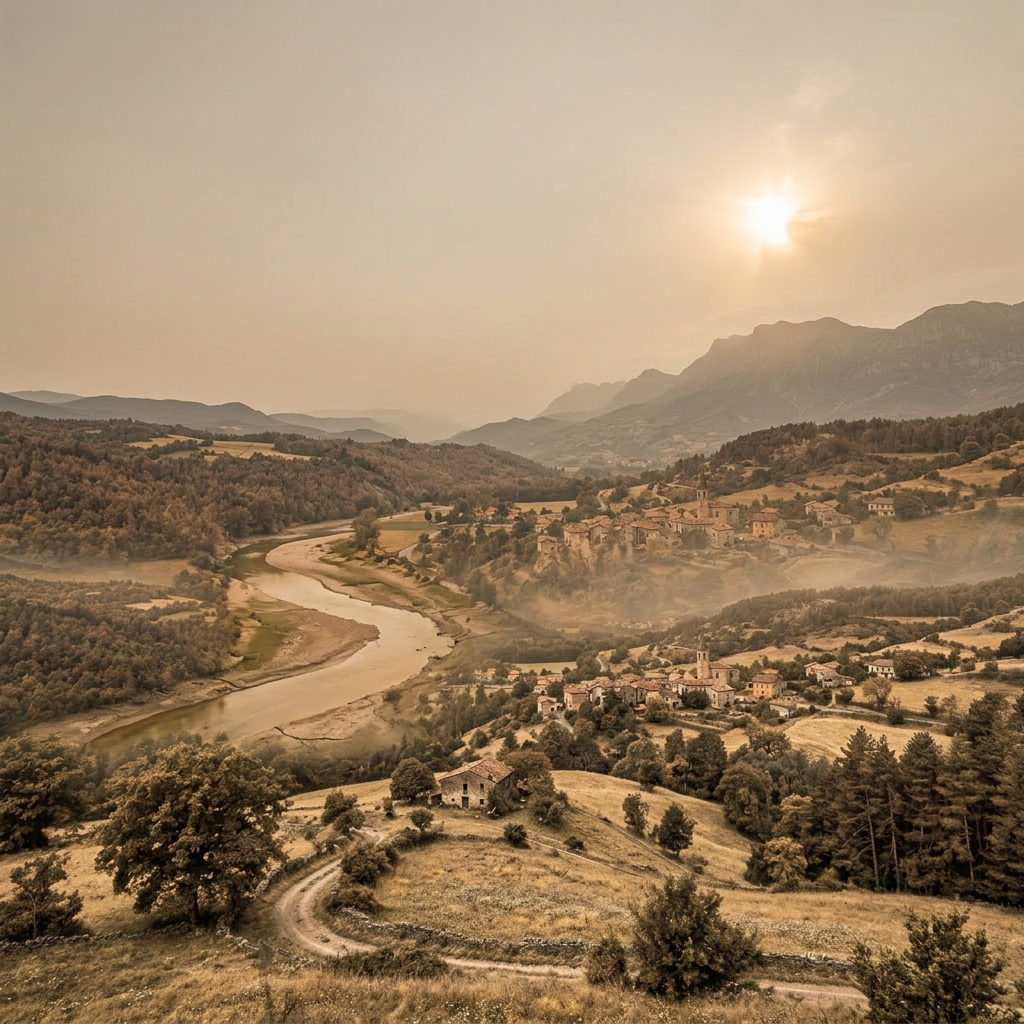 Village by winding river in a sunlit mountainous valley