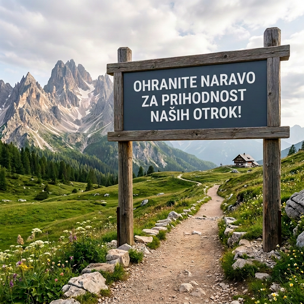 Wooden sign welcoming visitors to Vtriglav National Park with mountain trail and alpine landscape